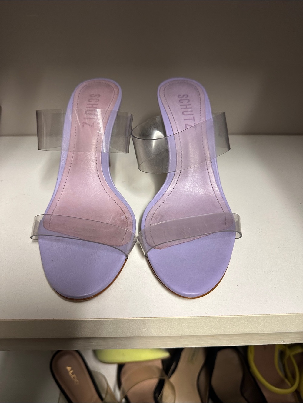 SCHUTZ Lilac Open-Toe Slide Sandals with Clear Straps sz 5.5